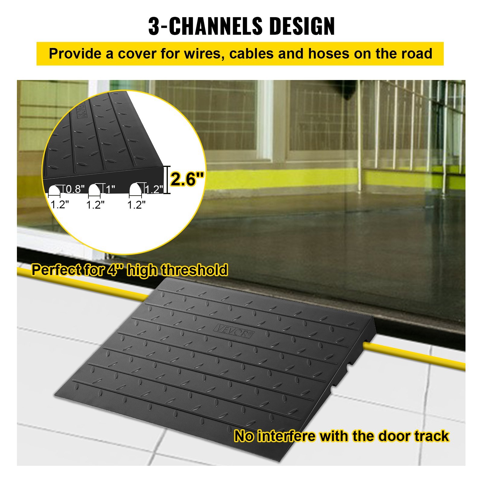 Rubber Threshold Ramp, 2.6" Rise Threshold Ramp Doorway, 3 Channels Cord Cover Rubber Solid Threshold Ramp, Rubber Angled Entry Rated 2202 Lbs Load Capacity For Wheelchair And Scooter - Image 3