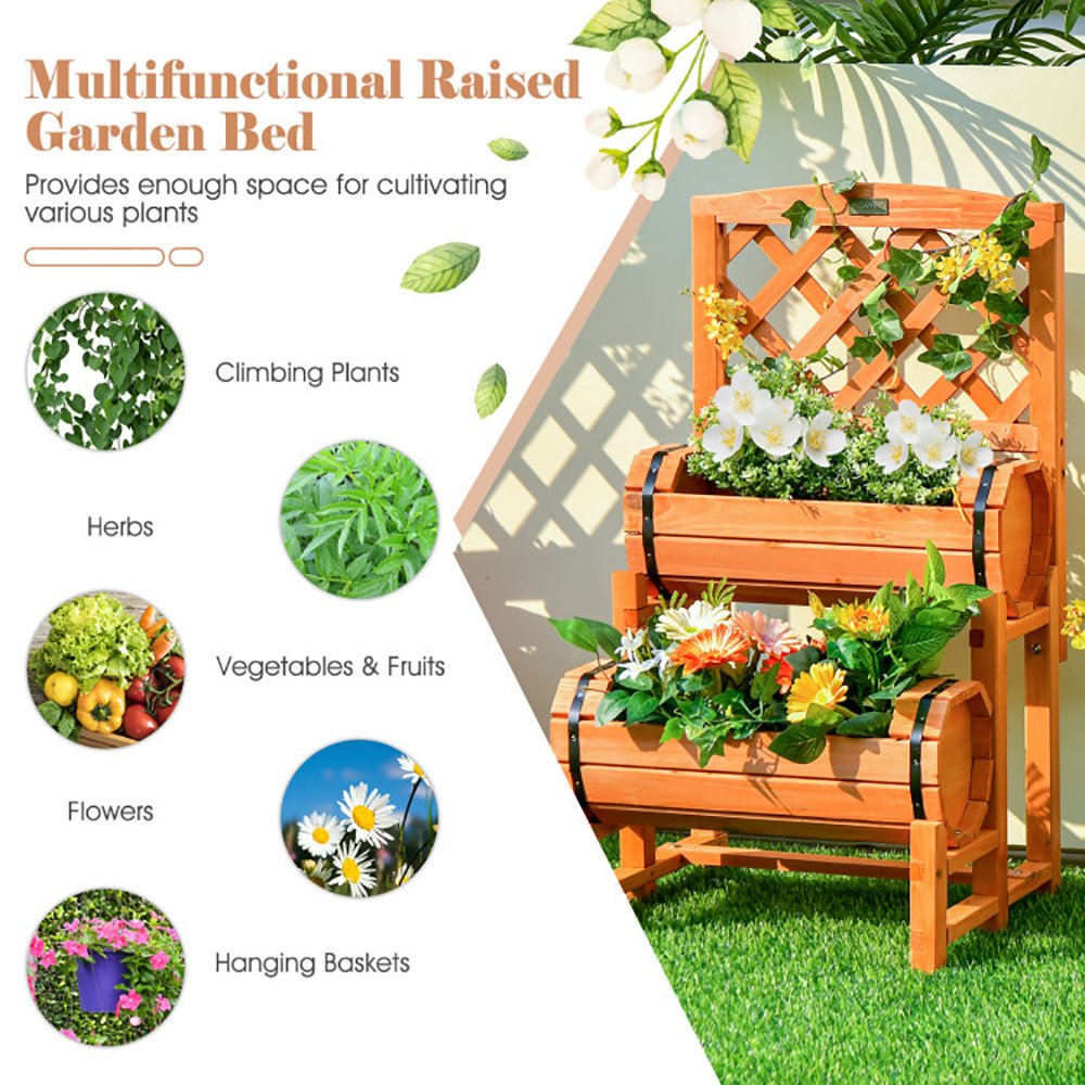 Wooden 2-Tier Raised Garden Bed With 2 Cylindrical Planter Boxes And Trellis - Image 5
