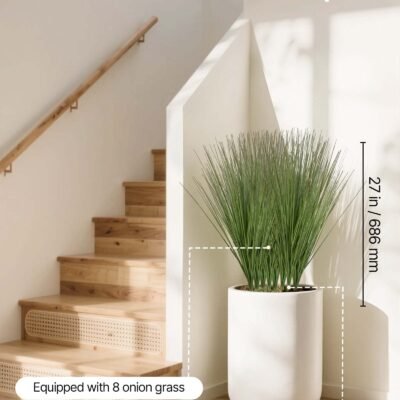 Artificial Grass Plant, 27 Inch Faux Onion Grass Fake Greenery Shrubs Plant, Premium PVC For Indoor Outdoor House Home Garden Office Room Décor, Housewarming, 8 Pack Green