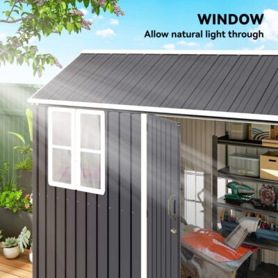 8' x 6' Metal Garden Storage Shed, Extra Large Outdoor Tool Storage House w/ Doors, Window and Air Vents, Dark Gray