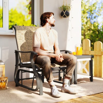 Outdoor Glider Chair Patio Glider Swing Chair With Mesh Seat, Steel Frame For Backyard, Garden, Porch, Light Mixed Brown