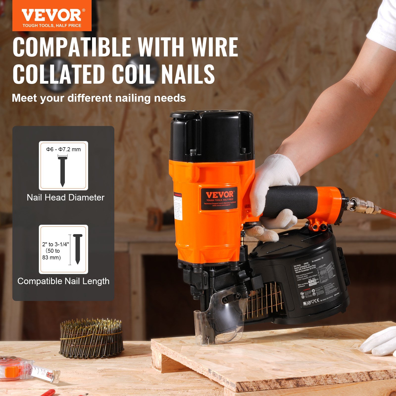 Coil Siding/Framing Nailer CN83N, 2" To 3-1/4" 15 Degree Pneumatic Siding Nail Gun With Tool-Less Depth Adjustment, 70-120PSI Air Coil Nailer For Siding Sheathing Wooding Fencing Decking - Image 2