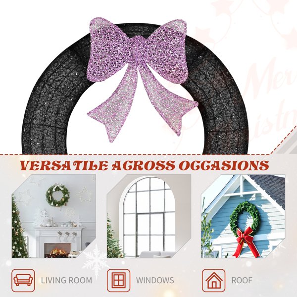 36in Pre-lit Outdoor Christmas Wreath Decoration, Lighted Metal Wreath With Purple Bow, Remote Control LED Lights With Timer, For Front Door Gate Wall Indoor Outdoor Holiday Party - Image 8