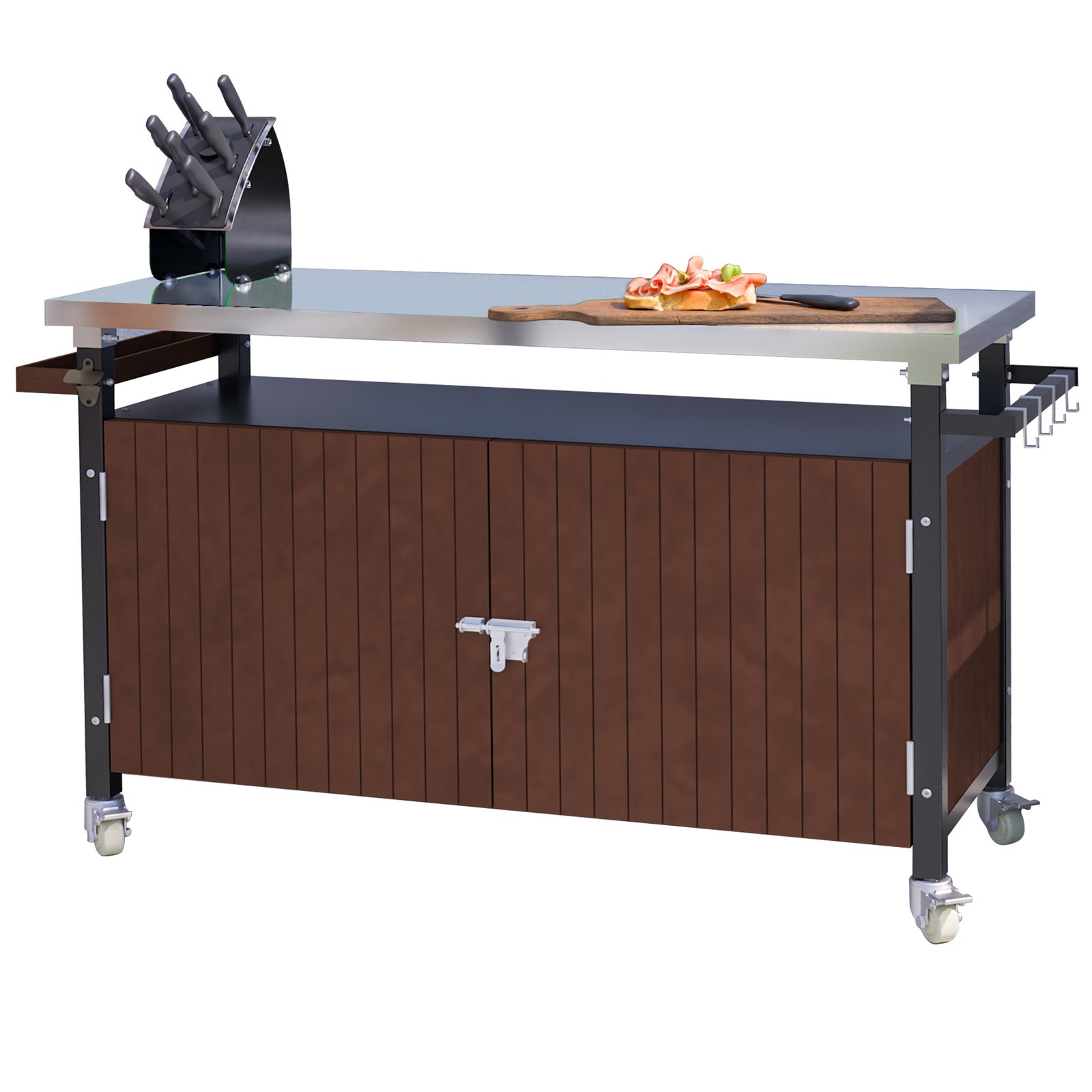 Outdoor Grill Cart With Stainless Steel Tabletop, Storage, Patio Kitchen Island With Wheels, Hooks, And Spice Rack, Waterproof Outdoor Grill Table, Movable BBQ Serving Cart Rolling Bar Cart - Image 13