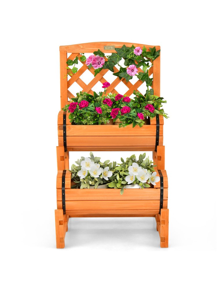 Wooden 2-Tier Raised Garden Bed With 2 Cylindrical Planter Boxes And Trellis - Image 7