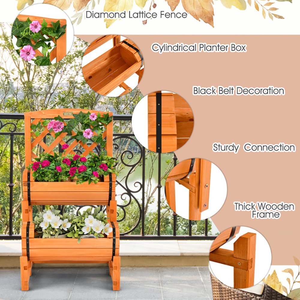 Wooden 2-Tier Raised Garden Bed With 2 Cylindrical Planter Boxes And Trellis - Image 6