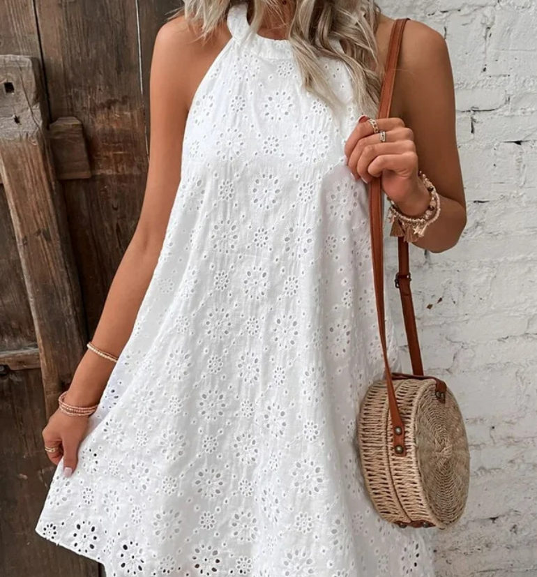 Summer New Women's Lace Solid Color Sleeveless Button Dress - Image 6
