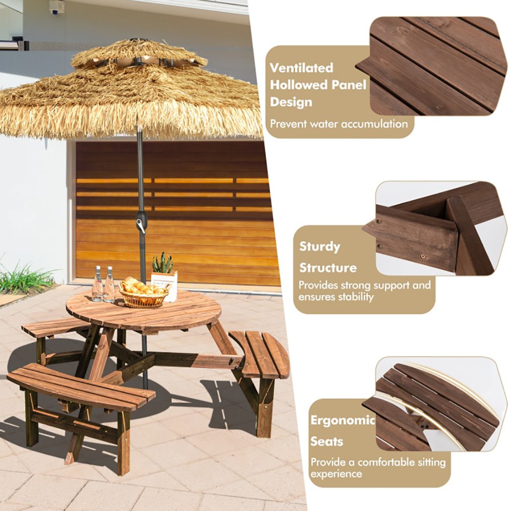 6 Person Wooden Picnic Table Set With Bench And Umbrella Hold - Image 10