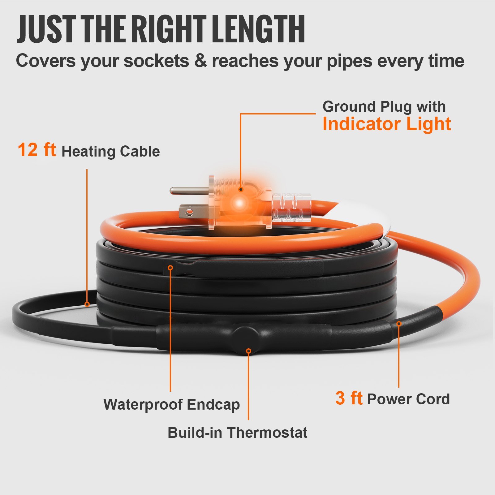 Self-Regulating Pipe Heating Cable, 12FT 5W/FT Heat Tape For Pipes Freeze Protection, Water Pipe Heat Cable With Built-in Thermostat Protects PVC Hose, Metal And Plastic Pipe From Freezing - Image 4