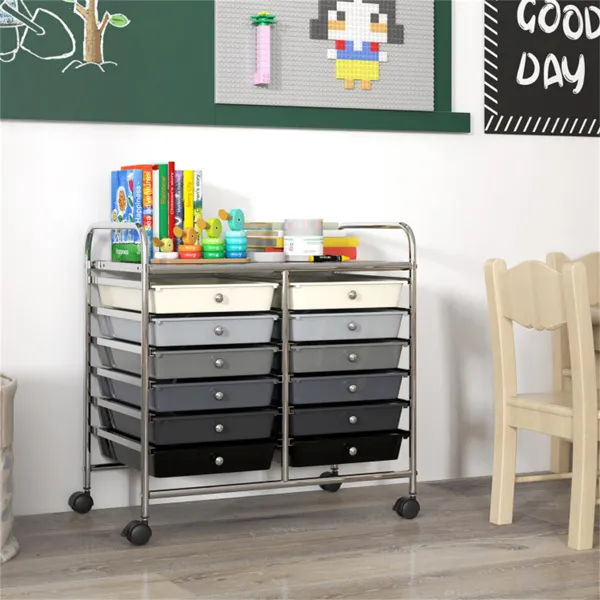 12-Drawer Rolling Storage Cart - 2-Row 10-Storey, Multicolor Drawers, 4 Wheels (2 Brake), -Gray - Image 2