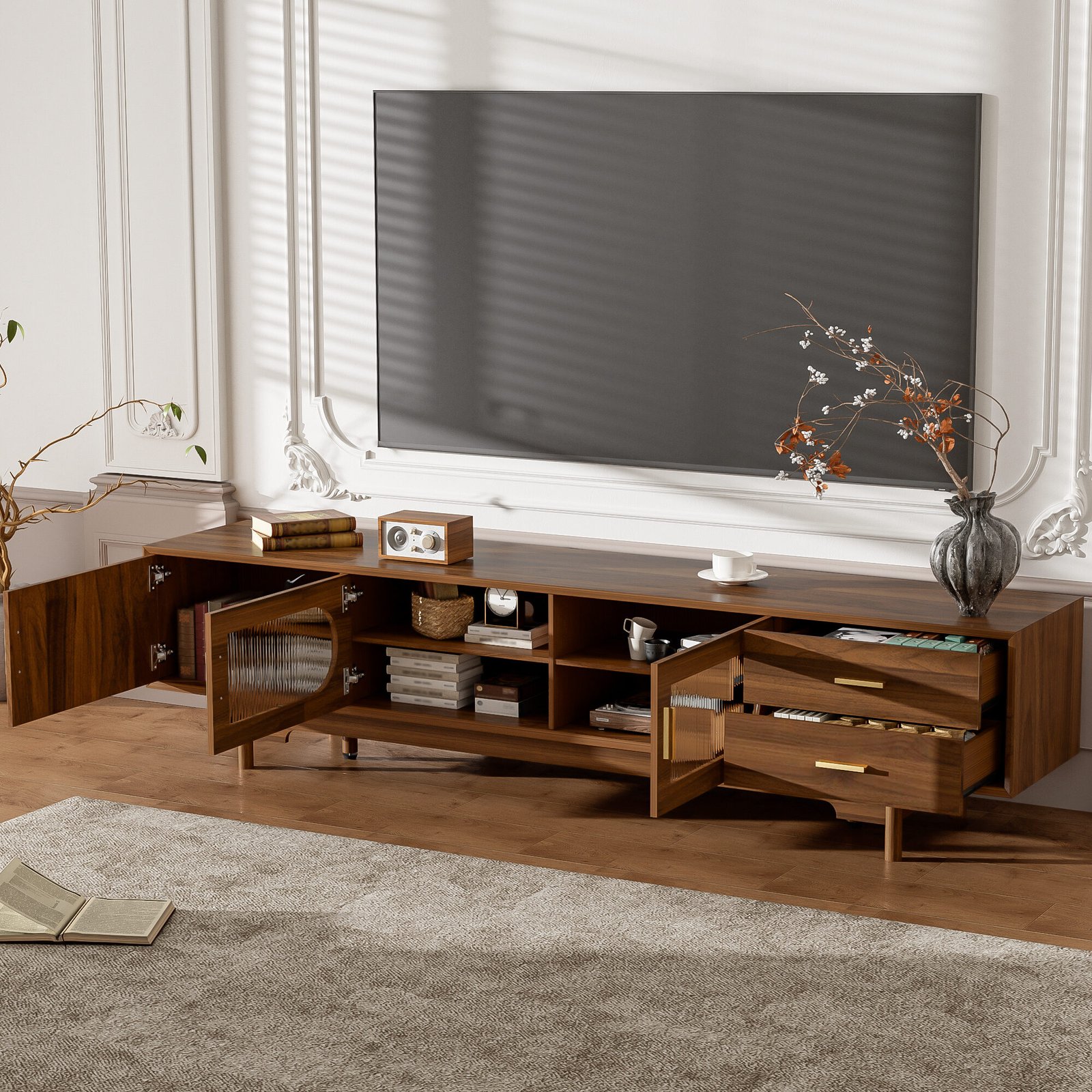 78inch TV Stand For TVs Up To 85, Modern TV Cabinet With Fluted Glass Doors 2 Drawers, For Living Room, Entertainment Center With Cable Management, Solid Wood Legs - Image 3