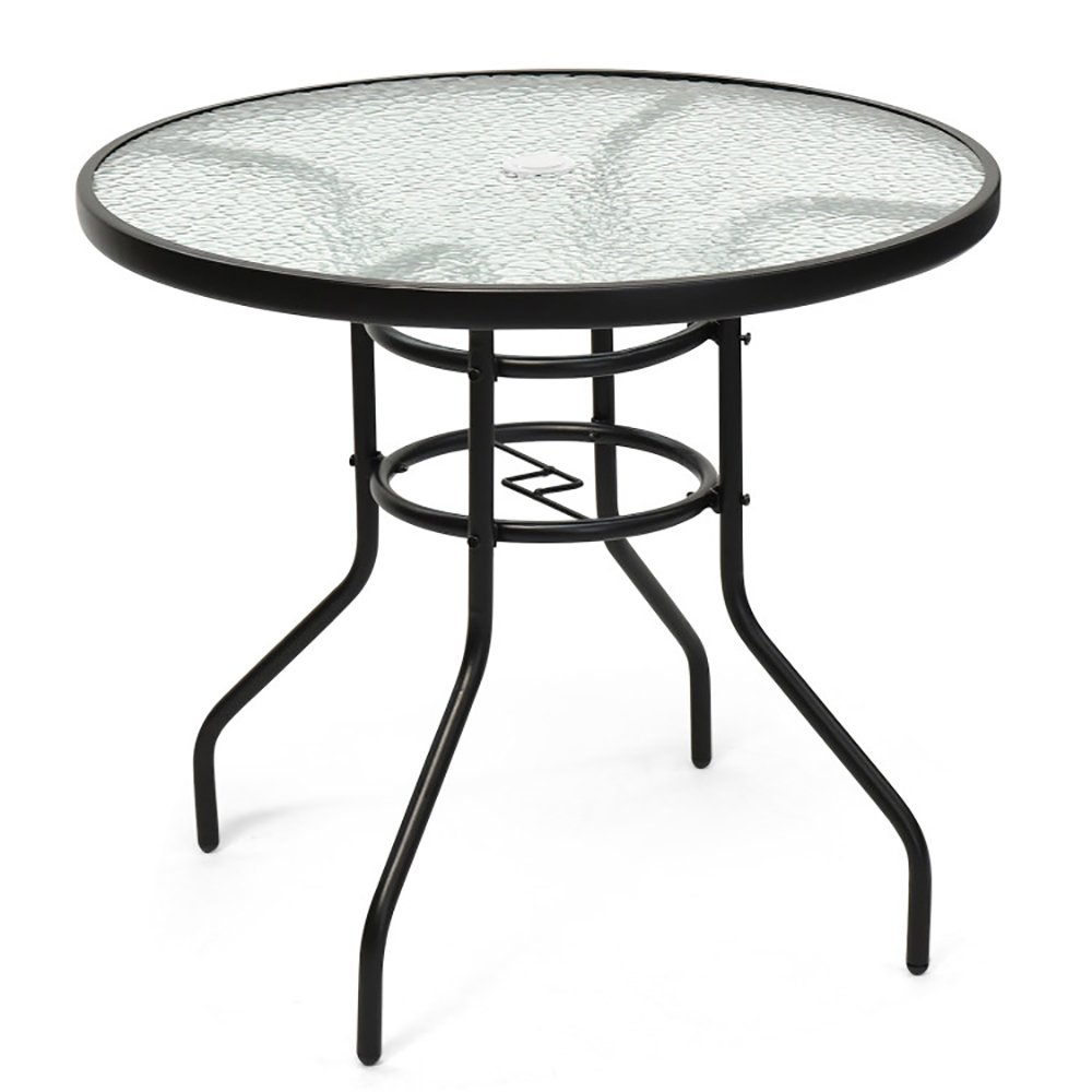 32 Inch Patio Tempered Glass Steel Frame Round Table With Convenient Umbrella Hole - Image 3