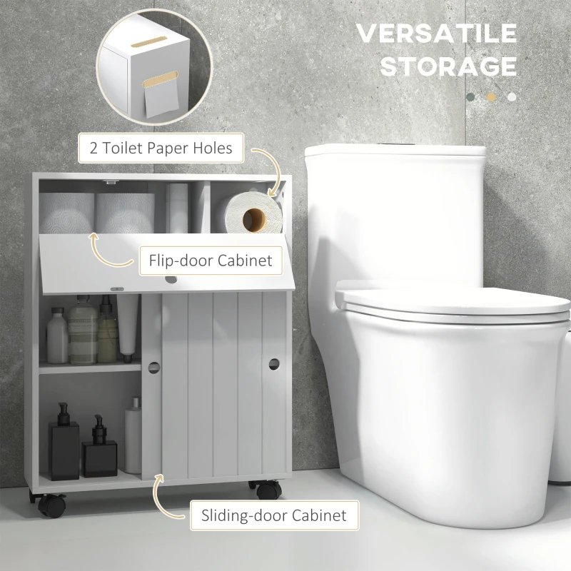 Kleankin Toilet Paper Cabinet, Slim Bathroom Cabinet With 4 Rolling Wheels, Small Bathroom Storage Cabinet With Paper Holes, Sliding Doors And Adjustable Shelf For Small Space, White - Image 5