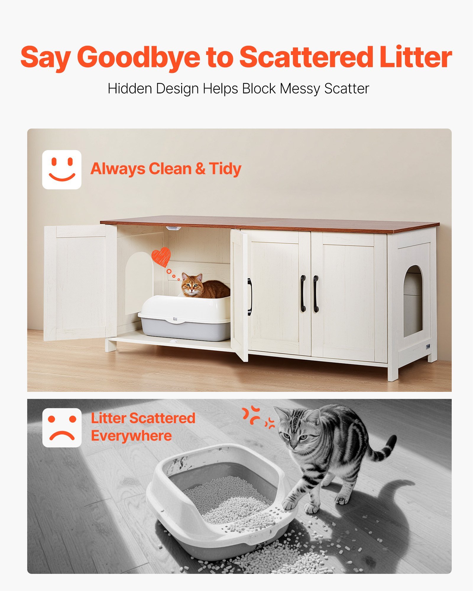 Cat Litter Box Enclosure For Multi Cats, 47.2 In Hidden Litter Box Cabinet With 4 Doors & 2 Entries, Indoor Cat Washroom, Wooden Kitty House Furniture, Fit Most Litterboxes, Brown & White - Image 5