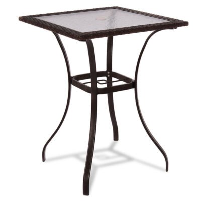 28.5 Inch Outdoor Patio Square Glass Top Table With Rattan Edging