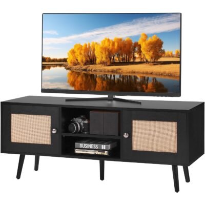Rattan TV Stand, Boho TV Cabinet For 55 Inch TV, Mid Century Modern TV Stand, Rattan TV Console With Adjustable Shelfs For  Living Room, Media Room, Black