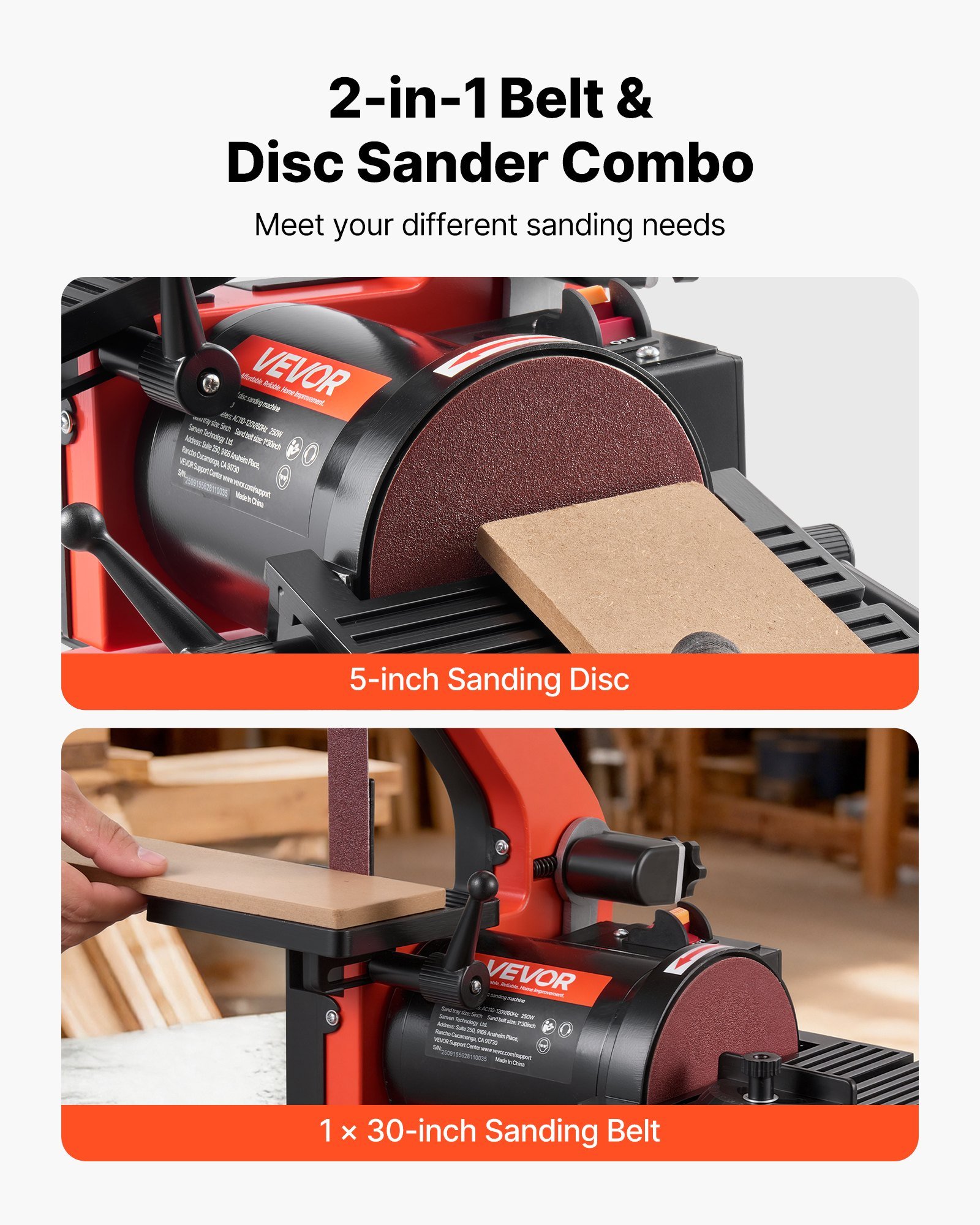5" Disc Sander & 1" X 30" Belt Sander, 250W Benchtop Belt Disc Sanders Combo With 0 - 45° Adjustable Worktable & Dust Collection Ports For Woodworking, Furniture Refinishing, DIY Crafting - Image 3