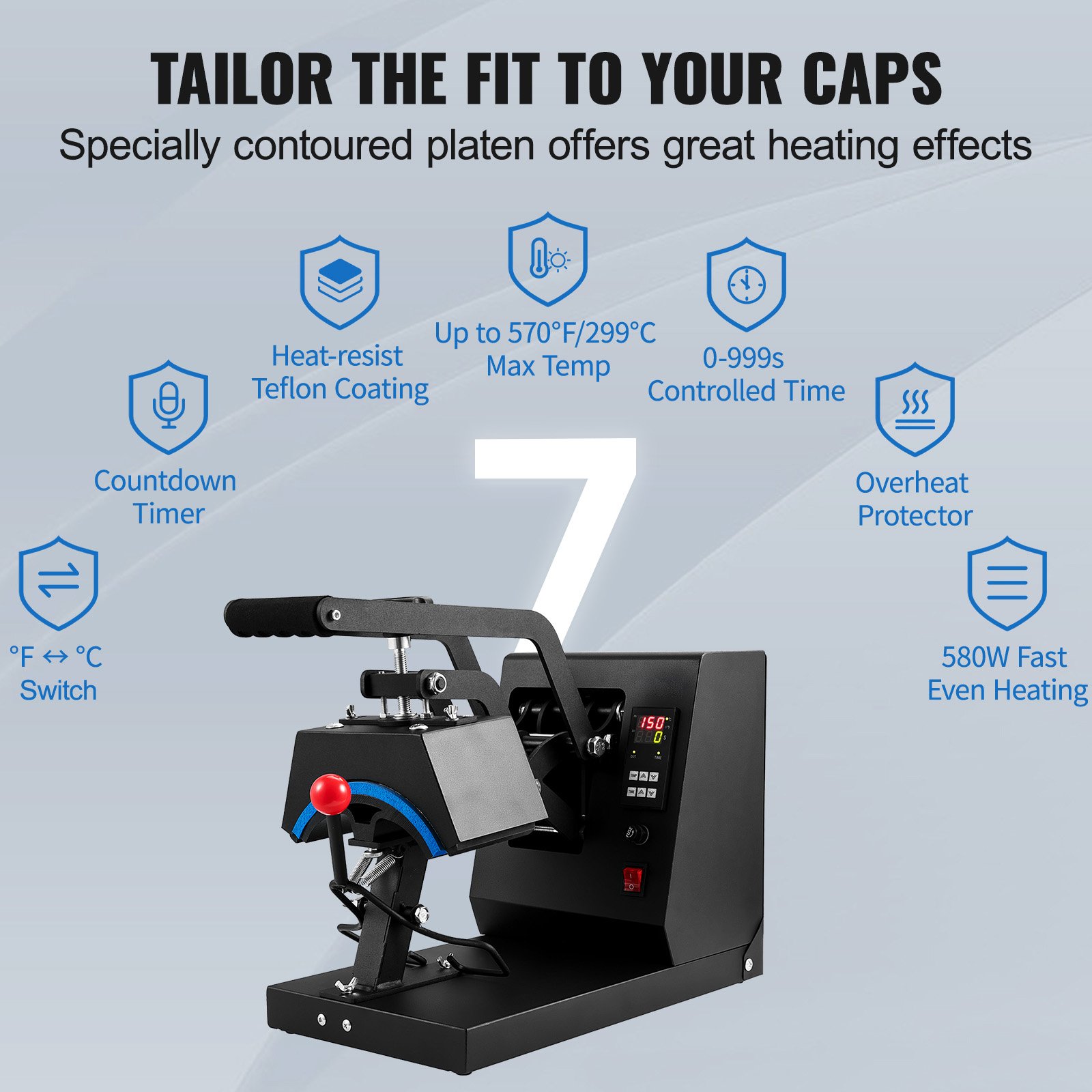 VEVOR Hat Heat Press,Cap Heat Press Machine, 6x3inches Clamshell Sublimation Transfer, LCD Digital Timer Temperature Control With 4pcs Curved Heating Elements - Image 2
