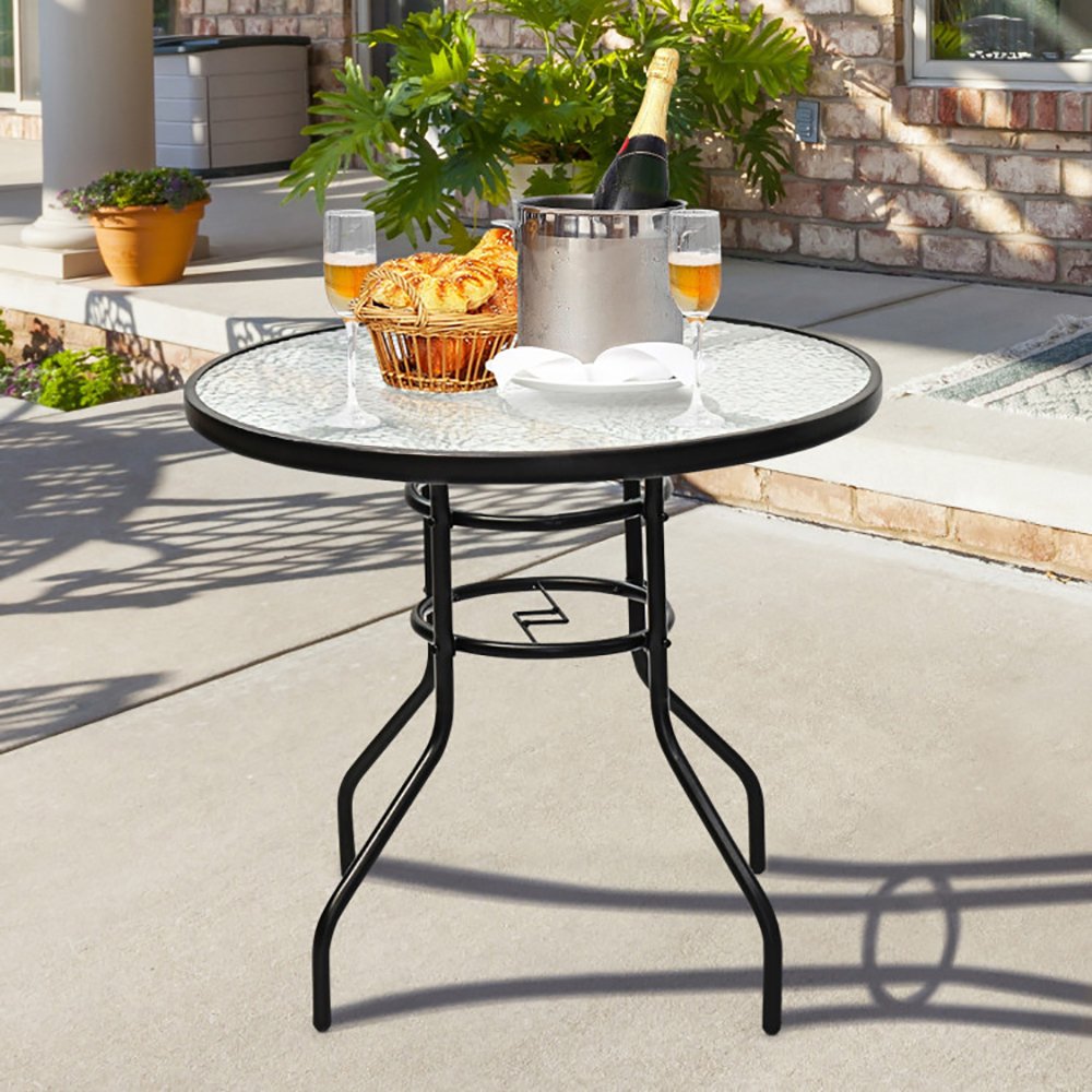 32 Inch Patio Tempered Glass Steel Frame Round Table With Convenient Umbrella Hole - Image 8
