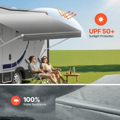 RV Awning Fabric Replacement, 15' (Fabric 14'2") 18 Oz Heavy-Duty Weatherproof Vinyl Camper Awning Replacement, UPF50+ Protection Waterproof Outdoor Canopy For RV, Motorhome, Trailer, Gray Fade