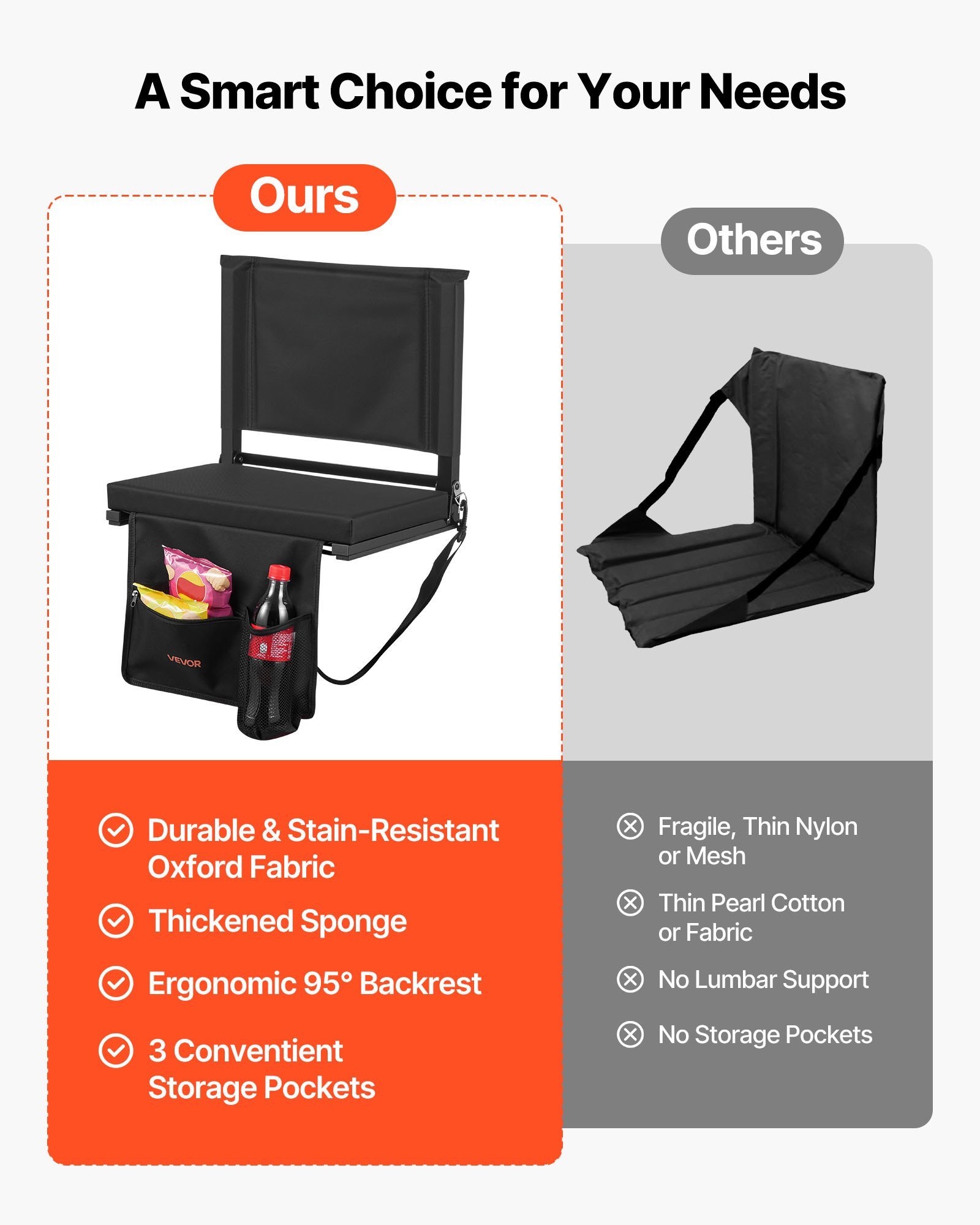 Stadium Seat, Folding Bleacher Chair With Back Support And Thick Cushion, Padded Stadium Seat For Bleacher Includes Shoulder Strap, Hooks, Cup Holder, And Side Pocket, Black Bleachers Chair - Image 3
