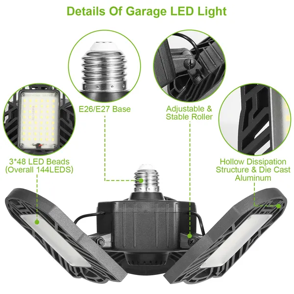 LED Garage Light, IMounTEK E26/E27 80W 7000LM 6500K Garage Ceiling Light Deformable Workshop Lamp LED Ceiling Light Bulbs - Image 3