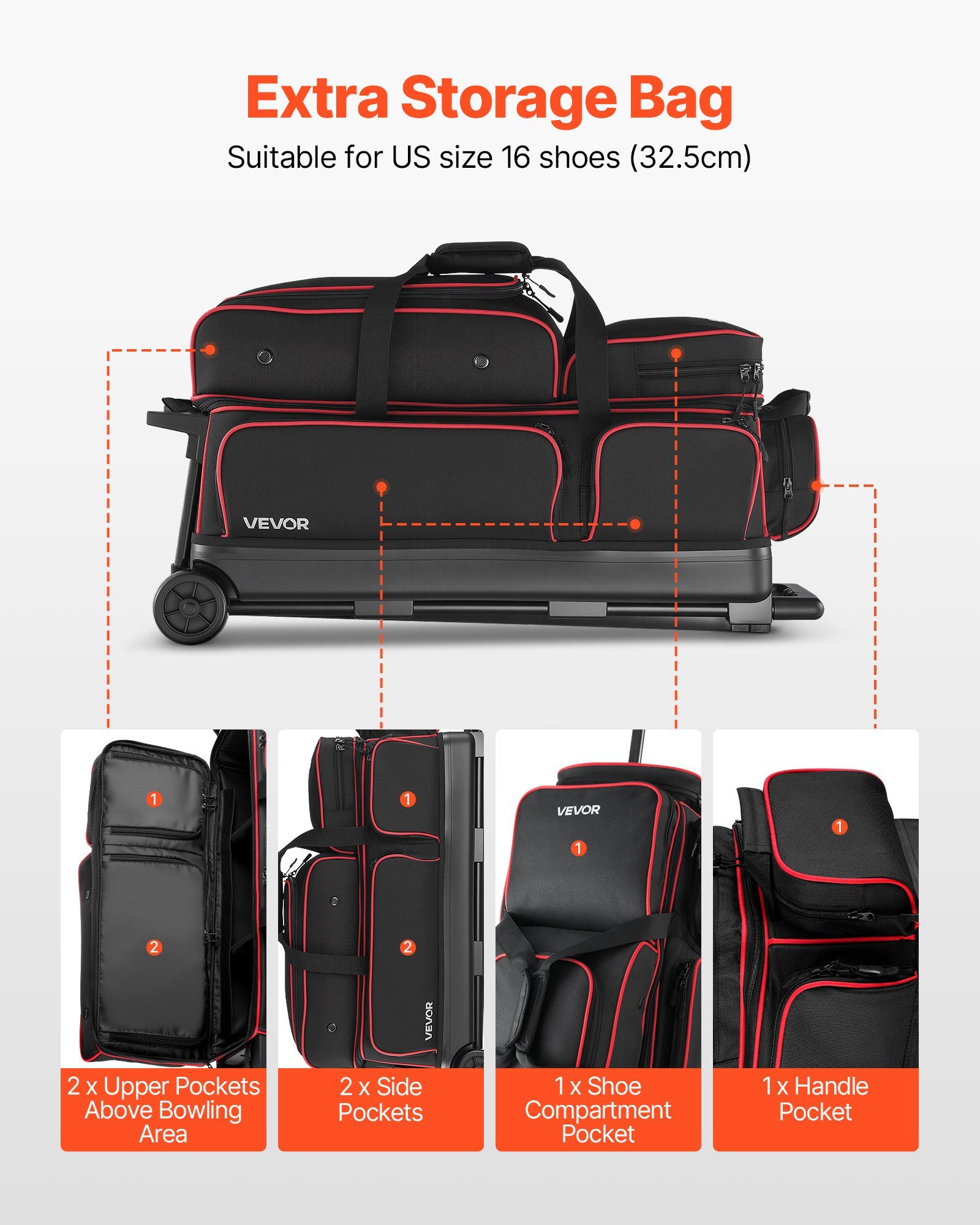 Bowling Ball Bag, 3 Ball Double Roller Bowling Bag With Wheels, Featuring A Separate Compartment For Shoes (Up To US Size 16) & Oversized Accessory Pocket, Retractable Handle Extends To 41.34 In - Image 5