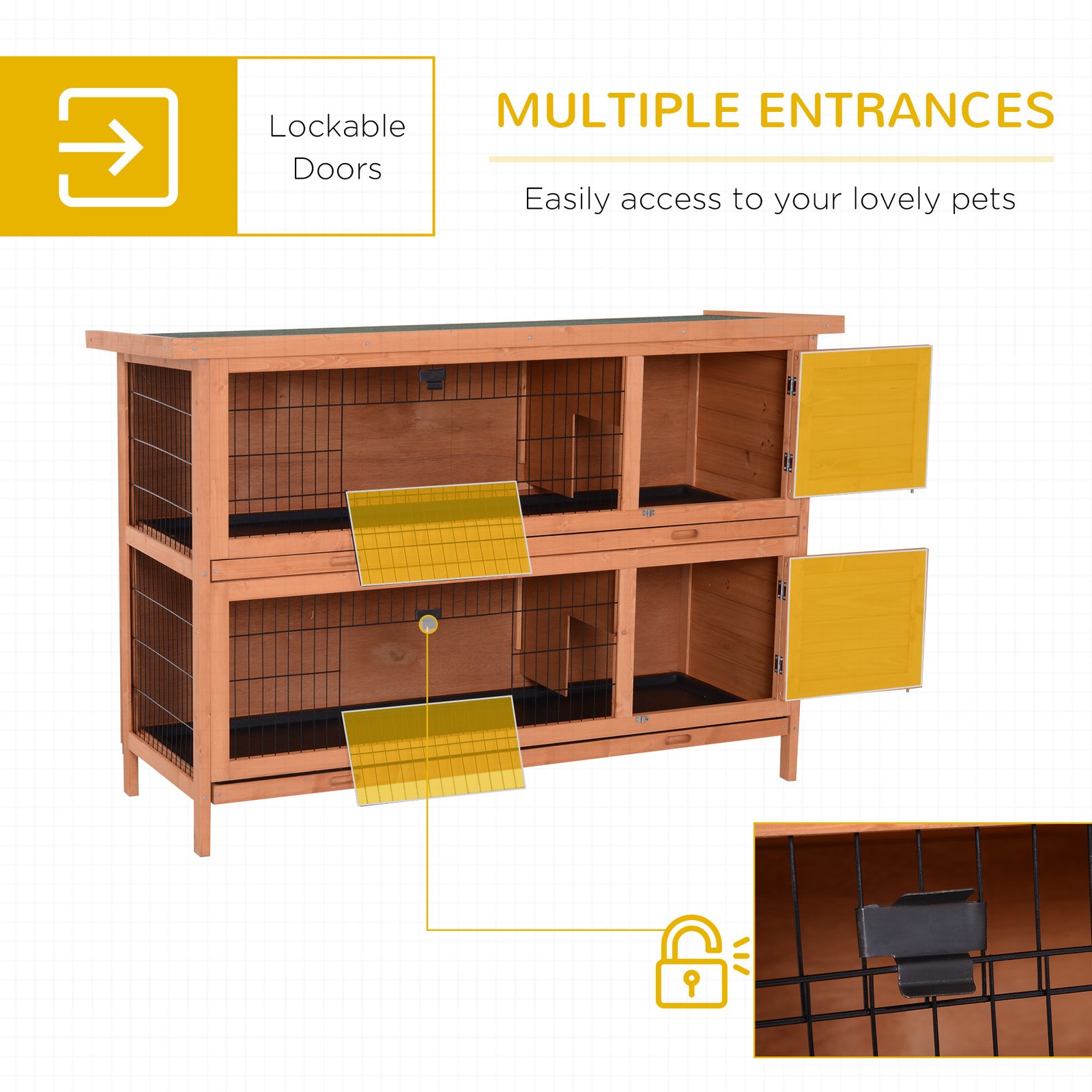 54" 2-Story Large Rabbit Hutch Bunny Cage Wooden Pet House Small Animal Habitat With Lockable Doors, No Leak Tray And Waterproof Roof For Rabbits, Chickens, Ducks, Outdoor/Indoor Natural - Image 2