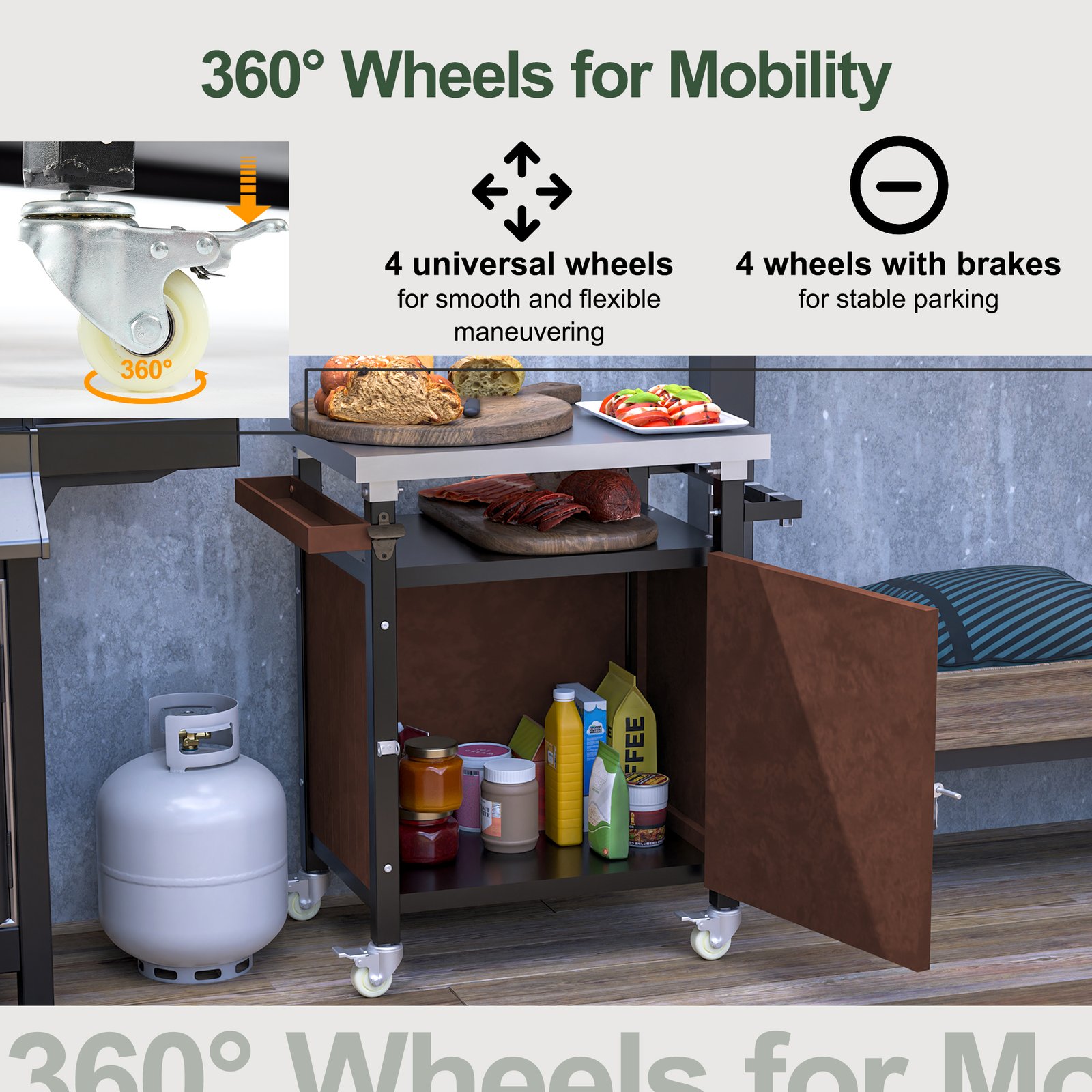 Outdoor Grill Cart With Stainless Steel Tabletop, Storage, Patio Kitchen Island With Wheels, Hooks, And Spice Rack, Waterproof Outdoor Grill Table, Movable BBQ Serving Cart Rolling Bar Cart - Image 5