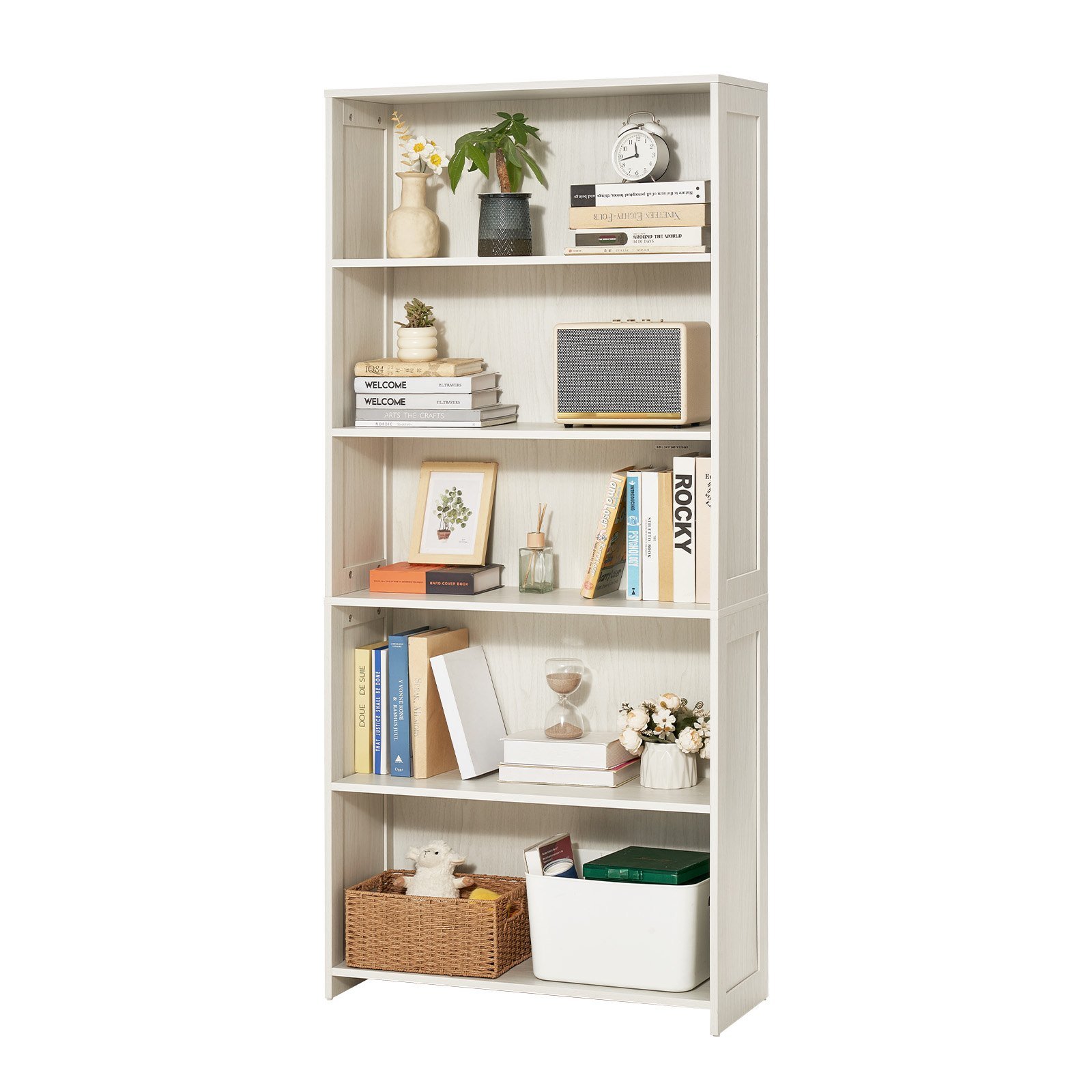 5 Tiers Wide Bookshelf, 68 In Wooden Open Bookcase With Display Storage Organizer Shelf, Freestanding Tall Display Floor Bookcase Bookshelf For Library, Bedroom, Living Room, Office, White