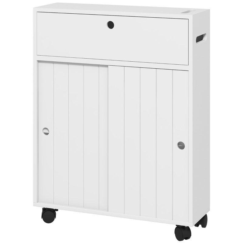 Kleankin Toilet Paper Cabinet, Slim Bathroom Cabinet With 4 Rolling Wheels, Small Bathroom Storage Cabinet With Paper Holes, Sliding Doors And Adjustable Shelf For Small Space, White - Image 2