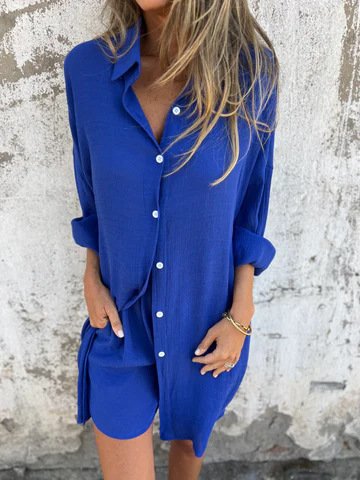 2pcs Loose Long-sleeved Shirt Suit With Lapel Button Tops And Elasticated Shorts Fashion Casual Clothing For Women - Image 3