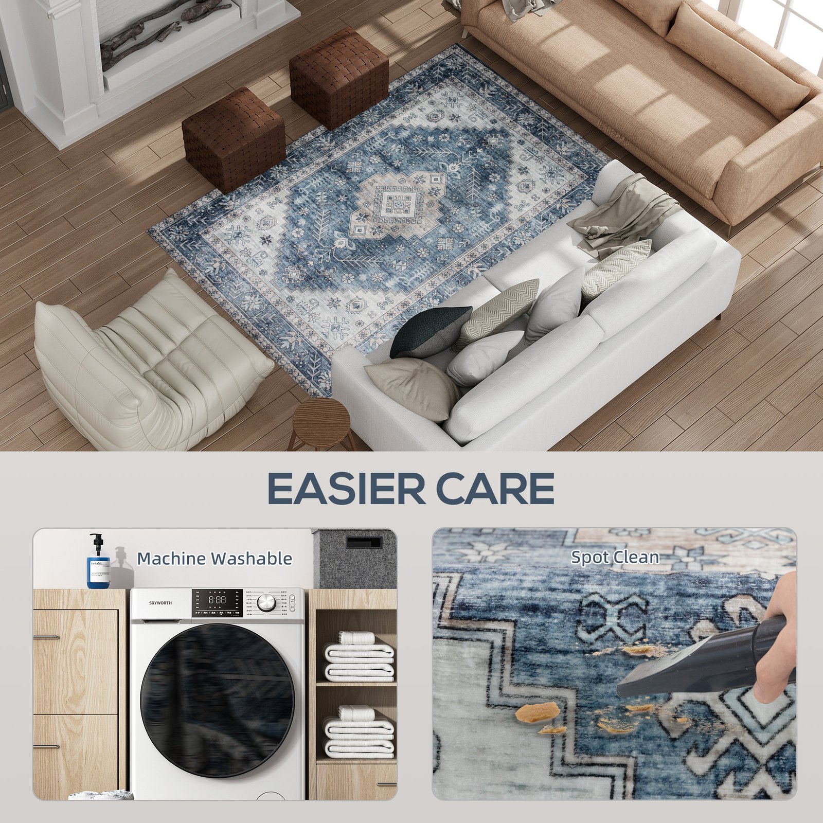 4x6 Area Rug, Vintage Washable Rug, Non-Slip Floor Carpet For Living Room, Bedroom, Dining Room, Blue - Image 6