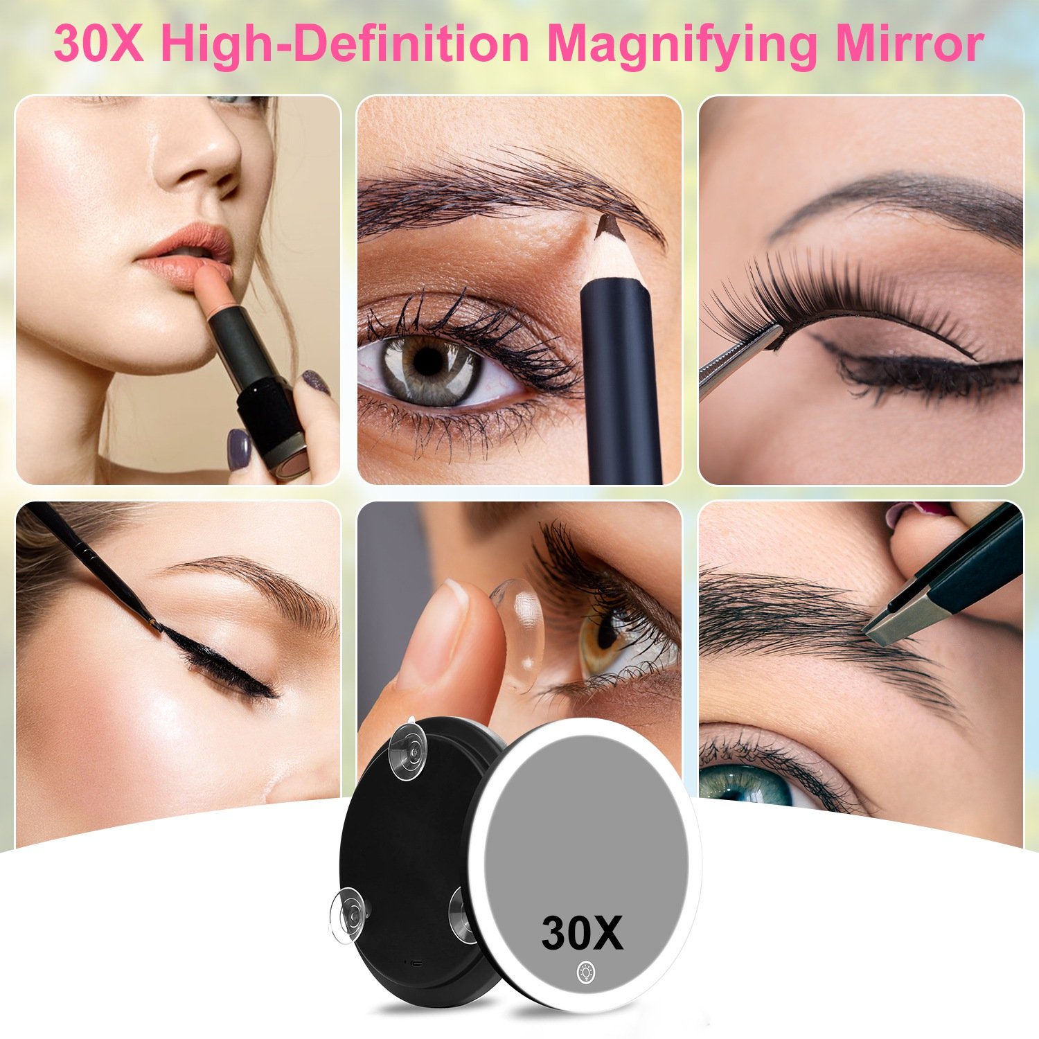 White-Black Options -- 1Pc 30X Magnifying Mirror With Light For Gift 3 Colors Dimmable Brightness Included Tweezer Scissor Travel Magnifying Makeup Mirror With Suction Cup 360 Degree Adjustable Stand - Image 4