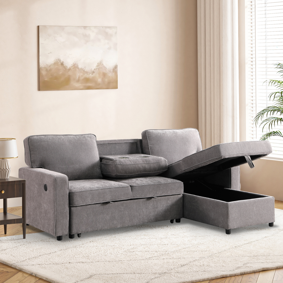 Upholstery Sleeper GREY Sectional Sofa With Storage Space, USB Port, 2 Cup Holders On Back Cushions - Image 11