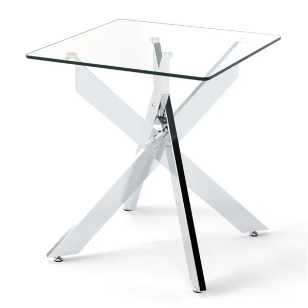 20" X 20" X 22.5" Glass Side Table, Silver Tempered Glass End Table With Intersecting Metal Base - Image 2
