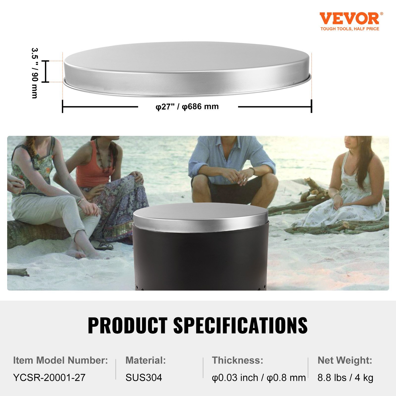 VEVOR Fire Pit Cover Lid, 27Portable Firepit Spark Screen,Stainless Steel Steel Metal Cover, Easy-Opening Outdoor Wood Burning And Camping Stove Accessory, For Outdoor Patio Fire Pits Backyard - Image 3