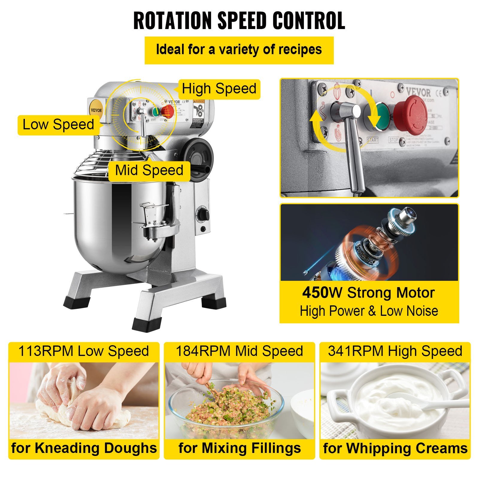 Commercial Food Mixer, 10Qt Commercial Mixer With Timer Function, 450W Stainless Steel Bowl Heavy-duty Electric Food Mixer, 3-speed Adjustable 113/184/341 RPM - Image 4