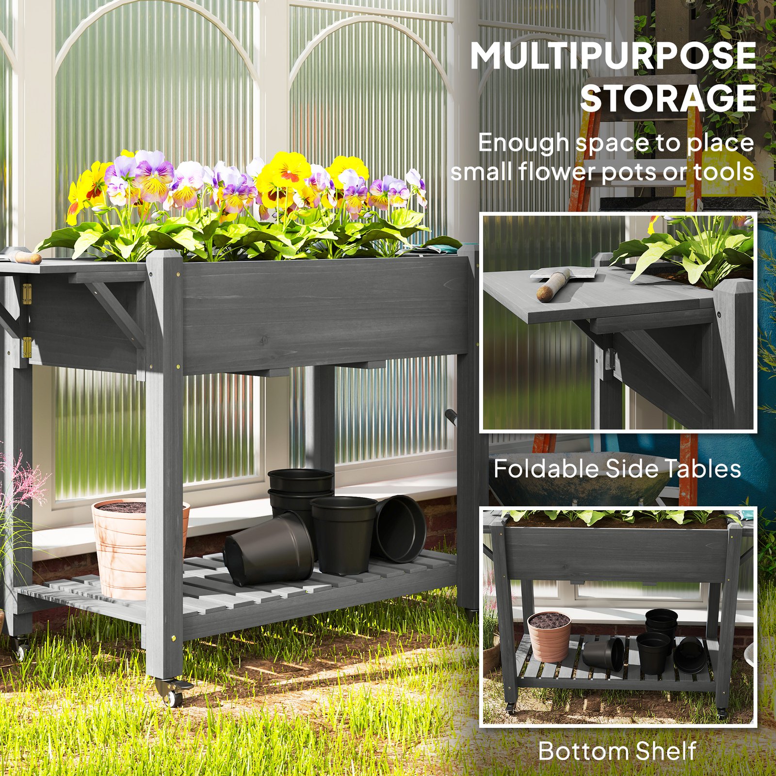 Wood Raised Planter Box, Elevated Garden Bed With Lockable Wheels, Side Tables, Bottom Shelf, Drain Holes, Gray - Image 3