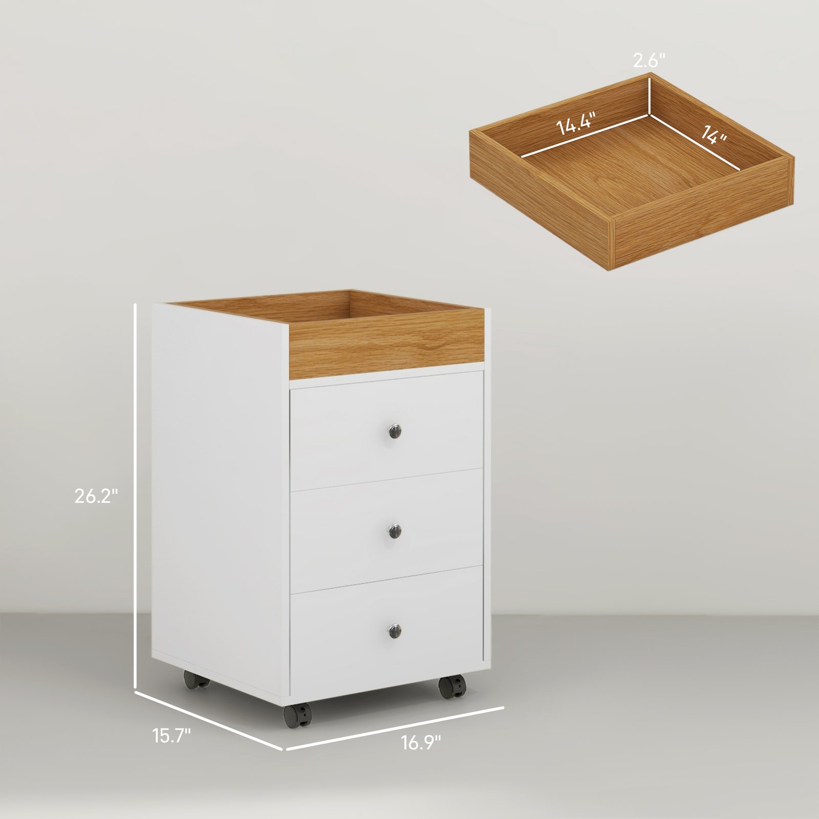 3 Drawer File Cabinet On Wheels Mobile Home Office Storage Cabinet With Top Tray Under Desk Printer Stand, White - Image 2