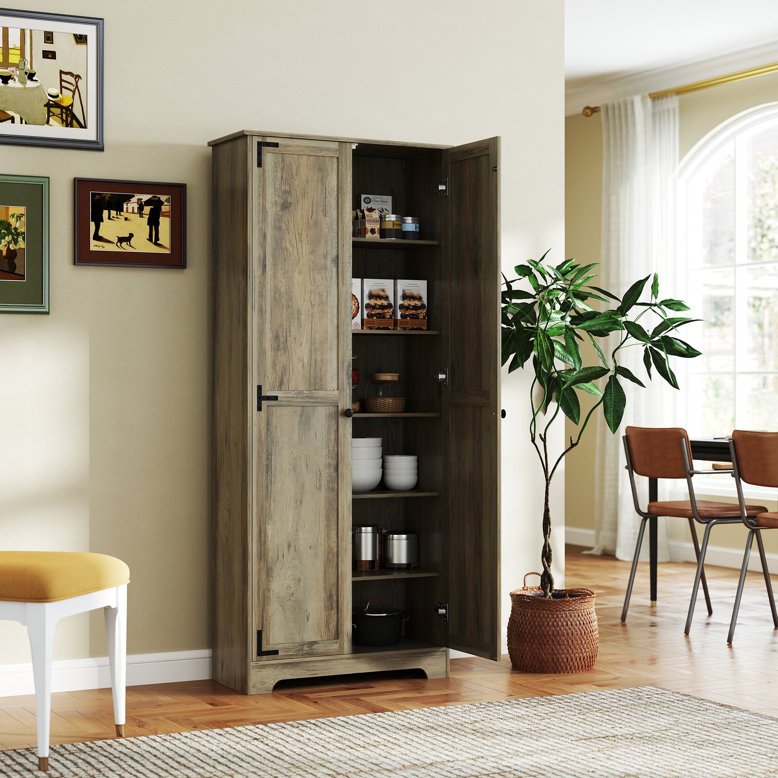 72" Farmhouse Pantry Cabinet, Freestanding Food Pantry Cabinet With Adjustable Shelves, Distressed Gray