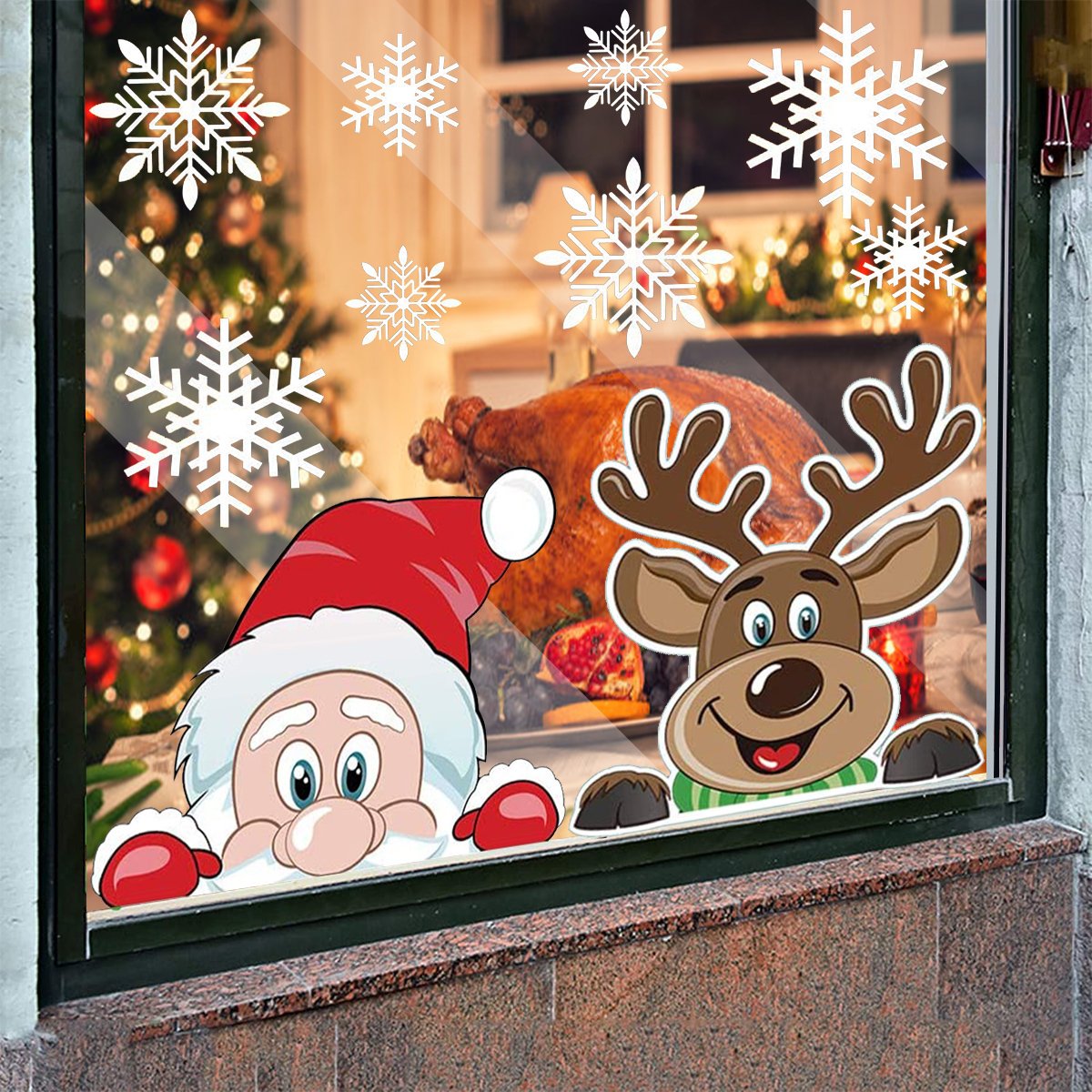 4Sheets Christmas Snowflake Window Clings Stickers For Glass Reusable Double Sided Self Adhesive Static Stickers Xmas Snowflake Reindeer Santa Window Decals Decorations Stickers For Christmas Window D - Image 2