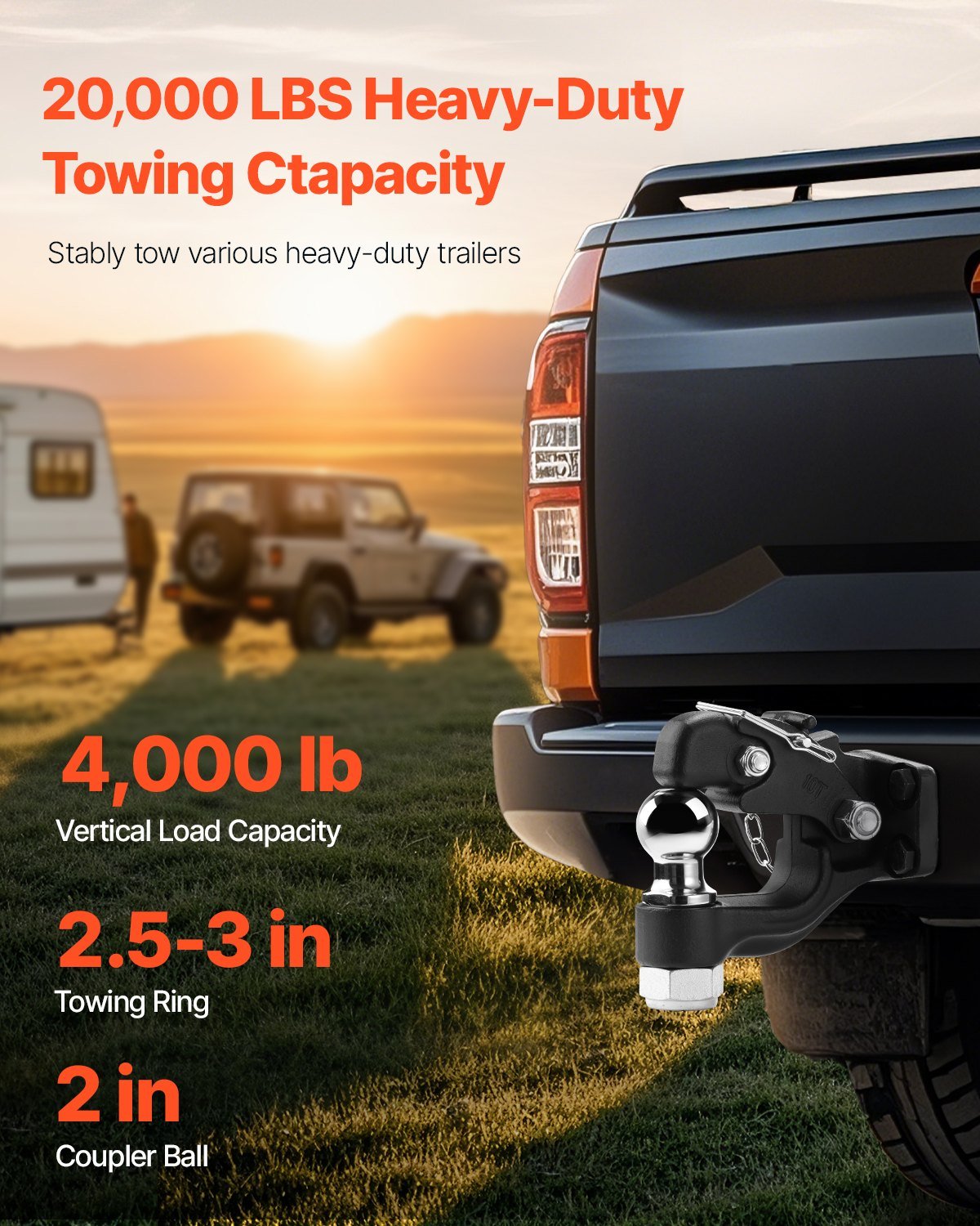 Pintle Hitch Combination 2' Hitch Ball For 2.5' To 3' Lunette Ring 20000 Lbs - Image 2