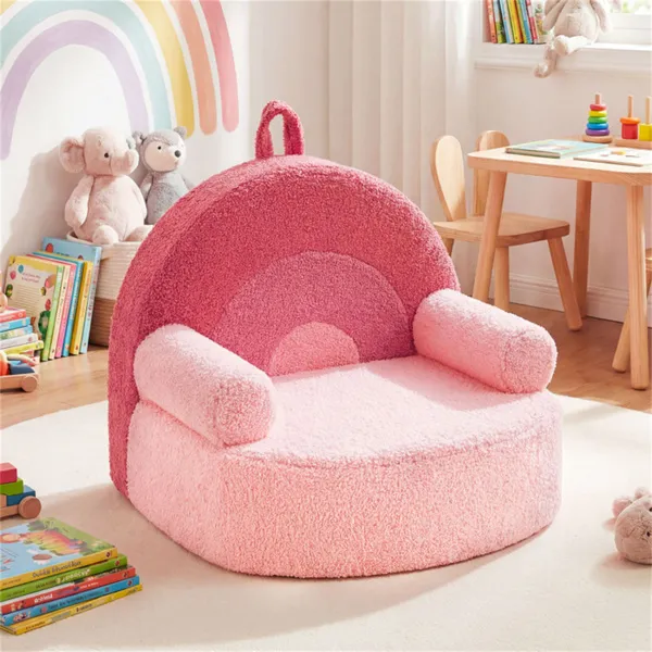 Pink Kids Sofa, Soft Teddy Fleece Foam Couch With Carry Handle & Removable Machine-Washable Cover