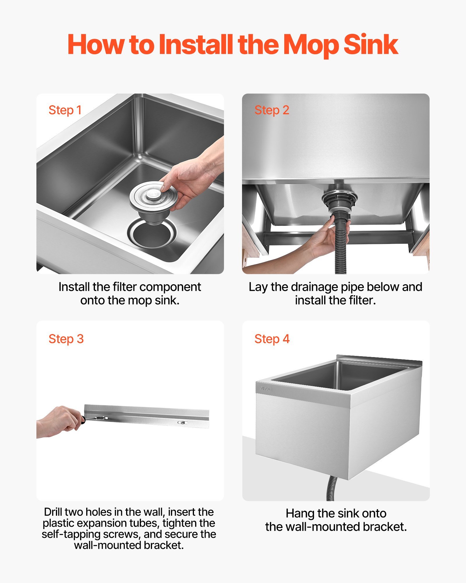 Stainless Steel Floor Mop Sink, 22 X 19 X 12 In, 304 Stainless Steel, With Backsplash, 3-in-1 Filter And Wall-Mounted Bracket, X-Shaped Groove For Quick Drainage, For Balcony And Bathroom - Image 3