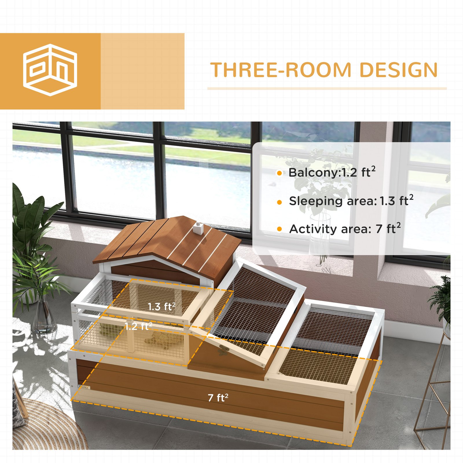 3-Room Tortoise Habitat House W/ Balcony & 2 Stories, 44" X 25.5" X 25", Coffee - Image 3