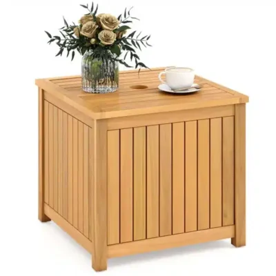Solid Acacia Wood Outdoor Side Table With Umbrella Hole, 2-in-1 Storage End Table For Patio Poolside