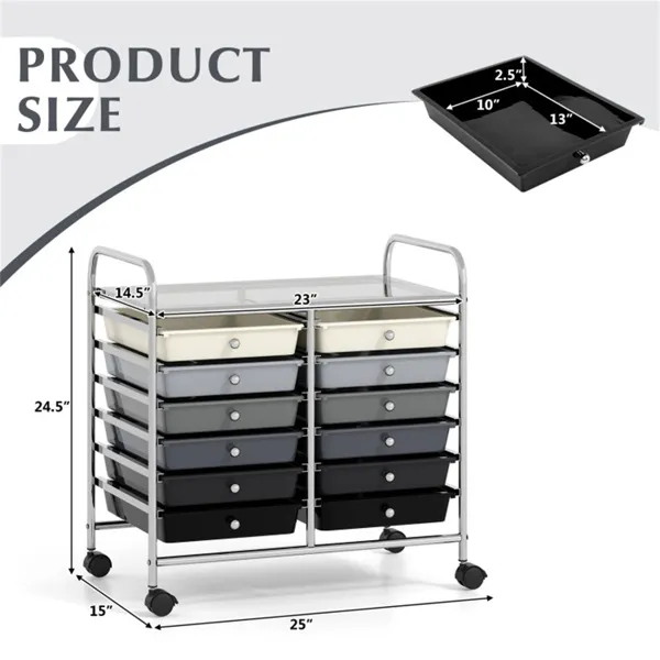 12-Drawer Rolling Storage Cart - 2-Row 10-Storey, Multicolor Drawers, 4 Wheels (2 Brake), -Gray - Image 5