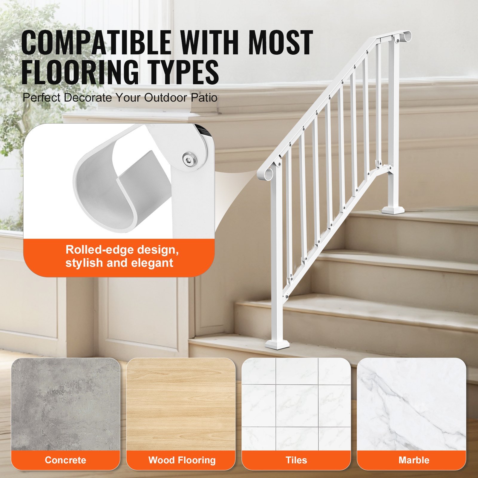 3-4 Step Handrails For Outdoor For Seniors Porch Deck Retro Arch White - Image 4