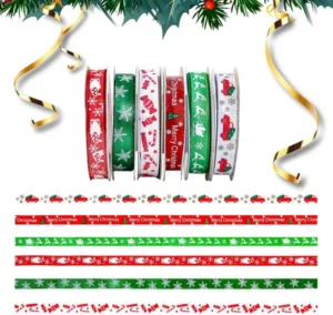 60 Yards 3/8" Christmas Ribbon For Crafts, White Red And Green Holiday Grosgrain Ribbon Christmas Ribbon For Gift Wrapping Festival Holiday Party Hair Bow Clips DIY Crafts Decoration (6 Rolls)